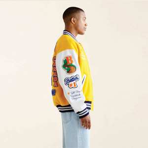 Chaqueta universitaria clásica de mezcla de lana amarilla para hombre, mangas blancas, elegante parche bordado, Letterman, bombardero, prendas de vestir exteriores, cuello levantado - Product Image 4