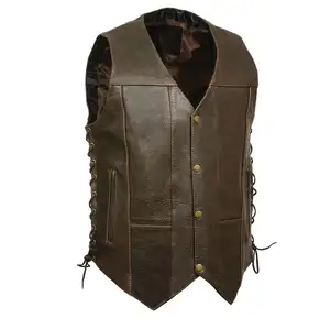 Bất Biker Brown Da Áo Ghi Lê Chính Hãng Da Cừu Thoáng Khí Da PU Lót Bên Ren Mát Phong Cách Da Gilet Cho Nam Giới