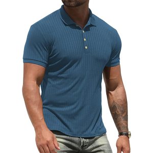 Men's <b>Blue</b> Ribbed <b>Polo</b> <b>Shirt</b> Short Sleeve Knitted Casual Solid Color Breathable Top - Product Image 1