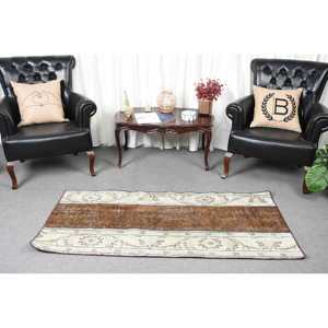 Turkish Vintage Rug 2.6x5.7 ft, <b>Brown</b> Small Camouflage <b>Wool</b> Rug - Product Image 2