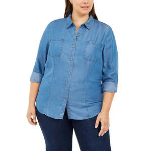 เสื้อเชิ้ตชัมเบรย์ไซส์ XX-Large สีน้ำเงินเดนิม ผ้าไหมถัก สีพื้น เรียบง่าย สำหรับสุภาพสตรีทำงาน เสื้อผ้าฤดูใบไม้ร่วง แบรนด์ Charter Club - Product Image 1