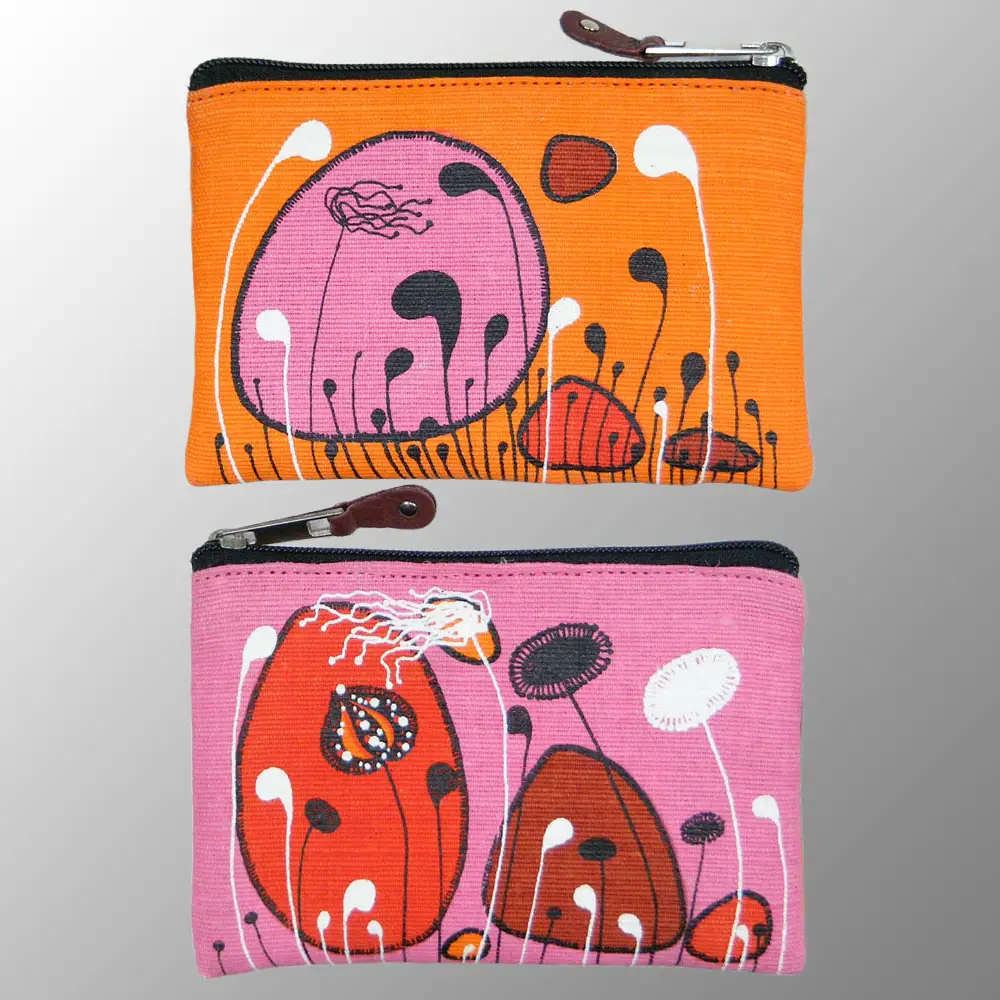 printed juco cosmetic pouch with zip and satin lining inside custom printed in your artwork all over colorful pouch for gift