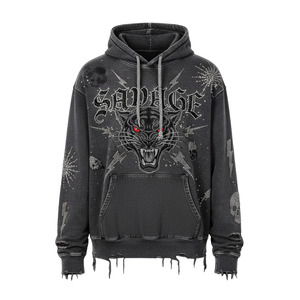 Pull à capuche en éponge française personnalisé pour hommes, coton lourd, vintage, délavé et délavé au soleil, motif solide, strass, perles recadrées - Product Image 5