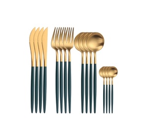 Juego de cubiertos de metal de nuevo diseño con mango delgado de esmalte verde chapado en oro para juegos de cubiertos de comida de hotel y restaurante - Product Image 1