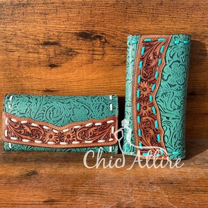 Nouveau design usiné à la main sculpture portefeuille en cuir pochette coque de téléphone carte élégant couleur Turquoise portefeuille multi-usages cuir occidental - Product Image 1