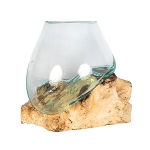 Home Decoration Molten Glass Bowl with Driftwood, Mini Aquarium Glass Bowl with Natural Shape Molten Glass