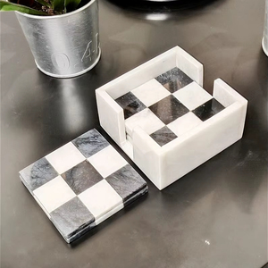 <b>Black</b> And White Marble Check Design <b>Coaster</b> Set Of 6 Handmade Natural Stone Drink <b>Coasters</b> - Product Image 1