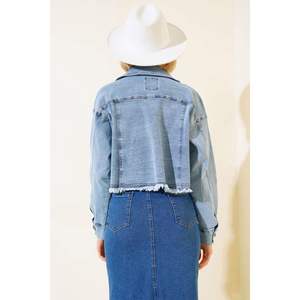 Veste en jean courte décontractée à glands bleu moyen brodé bouton technique lavée ample imprimé en 3D Streetwear été automne - Product Image 2