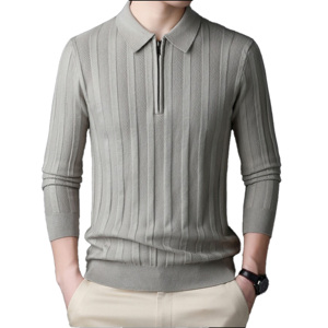 Pull Pull tricoté respirant avec fermeture à demi-fermeture à glissière revers extérieur rayé foncé - Product Image 5