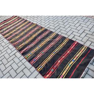 Vintage Kilim <b>Runner</b> Rug 3.3x11.3 ft (100x343 cm), Turkish <b>Black</b> Floral Rug - Product Image 4