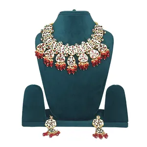 Ensemble de bijoux fins Meenakari Kundan pour femmes, collier et boucles d'oreilles plaqués or avec zircon rouge et perle pour mariage et cadeaux - Product Image 3