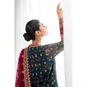 Women's <b>Green</b> Embroidered Chiffon 3-Piece Suit Set with Organza & <b>Silk</b> UF-689 - Product Image 4