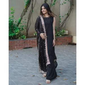 Indian Women'<b>s</b> Hand Embroidered Muslim Soot Black Rayon <b>Suit</b> Set - Product Image 1