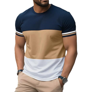 Camiseta a rayas de verano informal, camiseta de manga corta con cuello redondo de bloque de Color a la moda, camiseta de calle Multicolor de algodón 100% para hombre - Product Image 1