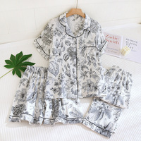 Piyama Wanita 3 Potong Bahan Katun Gauze Bernapas, Lengan Pendek, Celana Pendek, Pinggang Elastis, Katun Tipis, Pakaian Rumah untuk Musim Semi