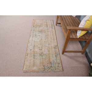 2.3x6.5 ft Rug, Vintage Rug, Turkish <b>Brown</b> <b>Wool</b> Floral Rug - Product Image 3