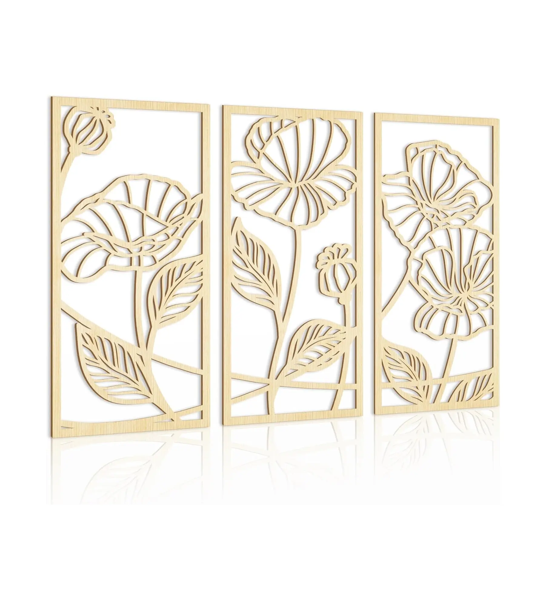 Minimalista Floral Madeira Wall Art Linha Flor Escultura Da Parede 3D Oco Wall Decor para Sala de estar Quarto 3 Painel 16*32 Polegadas