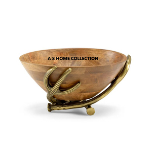 Poignée de conception de visage de renne en métal Bol de service en bois Forme ronde Excellente qualité Bol élégant classique fait à la main - Product Image 5