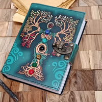 Carnet de sorcière vintage fait main en cuir motif arbre Mère Terre, Grimoire mystique à sept pierres avec bords festonnés pour les sorcières