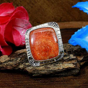 Anillo bohemio de plata de ley 92,5 al por mayor hecho a mano con esponja natural coral piedra preciosa en forma de marquesa corte suave para regalos - Product Image 1