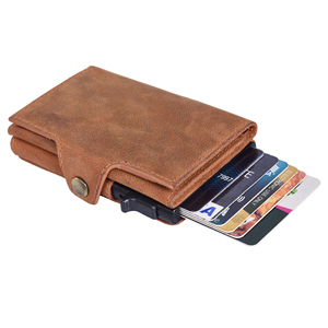 Vintage leather pop up card holder slim <b>wallet</b> bifold design <b>RFID</b> blocking ID window cash pocket compact organizer - Product Image 1