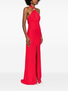 Robe de soirée Maxi trapèze sans manches à col licou rouge avec fente frontale centrale et dos nu design en mousseline de soie antistatique soirée de bal/fête - Product Image 3