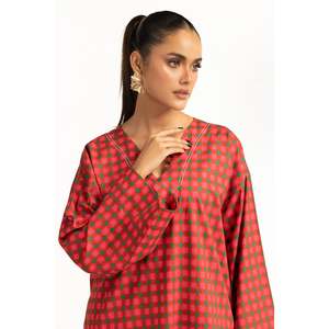 ชุดเซ็ตพิมพ์ลายริ้วสีแดงสำหรับผู้หญิง สไตล์ลำลอง ชุดเครป 2 ชิ้น ไซส์ XXS คอปกแบบไม่มีปก พร้อมกางเกงขาสั้น สำหรับฤดูใบไม้ร่วง - Product Image 2