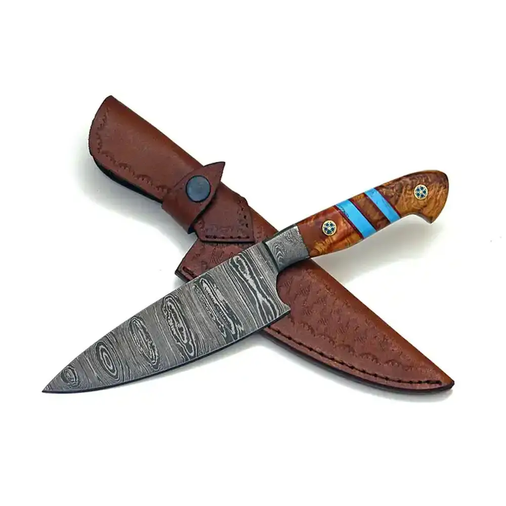 Damascus Chef Knife Professional Steel Kitchen Damascus Chef Knife Wood Handle With Cow Hide Sheath