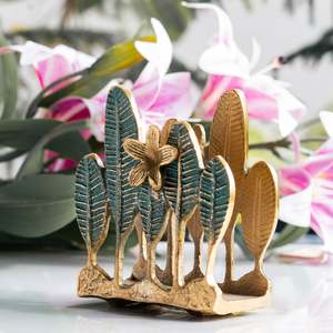 Porta Servilletas de Lujo con Acabado en Latón, Diseño de Hojas y Flores Verdes, Accesorio Decorativo para Mesa, Estilo Villa India - Product Image 2