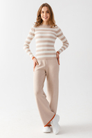 Conjunto de suéter y pantalones de punto a rayas para mujer, manga larga, cuello redondo, corte holgado, informal, para todas las estaciones, conjunto de 2 piezas, top y pantalones largos.