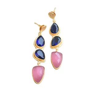 Fancy Long drop gemstone earring Handmade Fashionable gold plated Trendy jewelry for Brides Wedding Bridal Earring sets Supplier