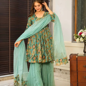 Indian Pakistani Beautiful Pretty <b>Organza</b> <b>Silk</b> Sharara Set Heavy Ethnic Wear Sharara Set Party Wedding Party Wear Set For Women - Product Image 1