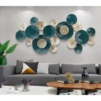 Art mural 3D moderne à fleurs bleues dorées, décoration classique en métal suspendue pour maison, hôtel, salon, chambre à coucher