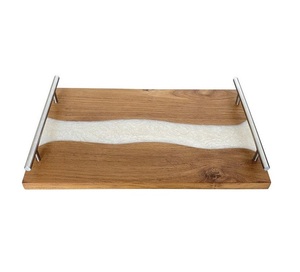 Produit haut de gamme Hôtel Restaurant Petit-déjeuner Plateau de service Personnalisé de haute qualité Plateau en bois d'acacia et en résine avec poignée en métal - Product Image 4