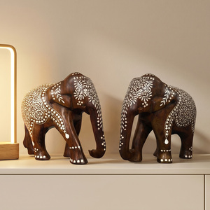 Natural Solid Sheesham Wood <b>Elephant</b> Pair with Intricate White Inlay Work Handmade Wooden Animal Sculpture for Home <b>Decor</b> - Product Image 1