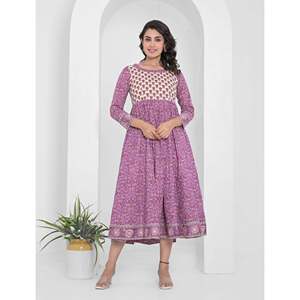 Robe longue Anarkali en coton, imprimé violet, vêtements américains - Product Image 1