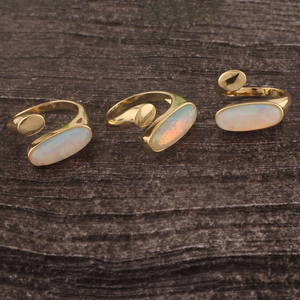 Hip hop <b>jewelry</b> long oval stone ethiopian opal adjustable ring solid brass metal 18k gold plated light weight statement rings - Product Image 3
