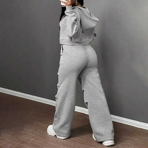 Survêtement pour femmes, sweat à capuche à fermeture éclair et pantalon large, ensemble 2 pièces, vêtements de sport décontractés, tenue de détente - Product Image 4