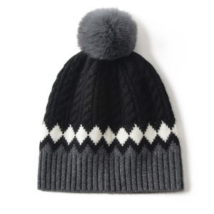 Winter Warm Thick Adult Luxury 100% Cashmere Hat Skull Soft Winter Women Custom Cable Knit Jacquard Beanie with Fur <b>Pom</b> <b>Pom</b> hats - Product Image 5