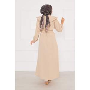 Modest Basic Fashion Hijab Dress with Wide <b>Collar</b> Buttoned Closure Beige Viscose Woven Natural Waistline Pattern Decoration - Product Image 2