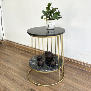 Contemporary Two-tiered <b>Side</b> <b>Table</b> with Stone Top and <b>Gold</b>-colored Iron Frame (SST027) - Product Image 5