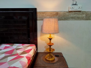 Handmade Solid Wood Carved <b>Table</b> Lamp With Flower Shape Base And Beige Shade For Home Decoration Folk Art Style - Product Image 3