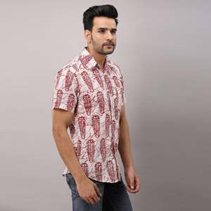 100% Cotton Casual Red <b>Shirt</b> for Men Ethnic Floral Motifs <b>Button</b>-Up Collar Breathable Poplin Linen Fabric Size 6XL Denim Woven - Product Image 4