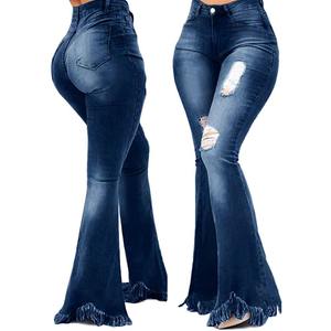 <span class=keywords><strong>Jeans</strong></span> a Zampa d'Elefante a Vita Alta da Donna, Pantaloni in Denim Versatili e Aderenti con Gamba Larga, Design Svasato con Effetto Lavato e Perforato, Motivo Uniforme - Product Image 1