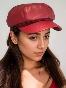 Bonnet octogonal de béret en peau de mouton véritable rouge à la mode pour femmes avec des caractéristiques coupe-vent de printemps et d'automne accessoire de chapeau à visière confortable - Product Image 6