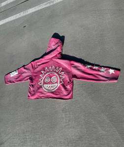 Personalizado apliques bordados Raw Hem desgastado recortada Zip up Sudadera con capucha French Terry Streetwear Sudadera con capucha Unisex Sudaderas con capucha Hombres - Product Image 5
