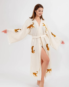Robe kimono en mousseline 100% coton – Peignoir kaftan à motif léopard, léger et respirant - Product Image 1