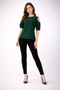 Shoryam Fashion Blusa de Mujer Verde con Cuello Redondo y Manga Media, Hombros Descubiertos con Volantes, Elegante, Estilo Formal Occidental, Sólida, de Crepé de Secado Rápido - Product Image 5
