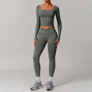 Chándal de mujer, conjunto de Yoga de 2 piezas, ropa deportiva de entrenamiento, ropa de gimnasio, Top corto de manga larga, mallas de cintura alta, trajes deportivos - Product Image 2