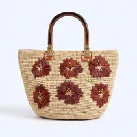 Sac à main bohème en paille pour femme, broderie florale, bandoulière amovible, fermeture éclair, fait main, grande capacité, sac de plage écologique